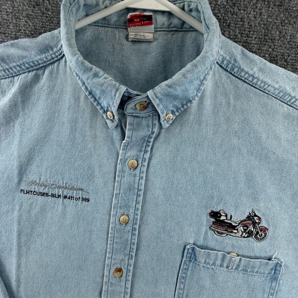 Union Line Harley Davidson Denim Shirt Men USA Made 2XLT Tall Graybear Pocket - Picture 1 of 16
